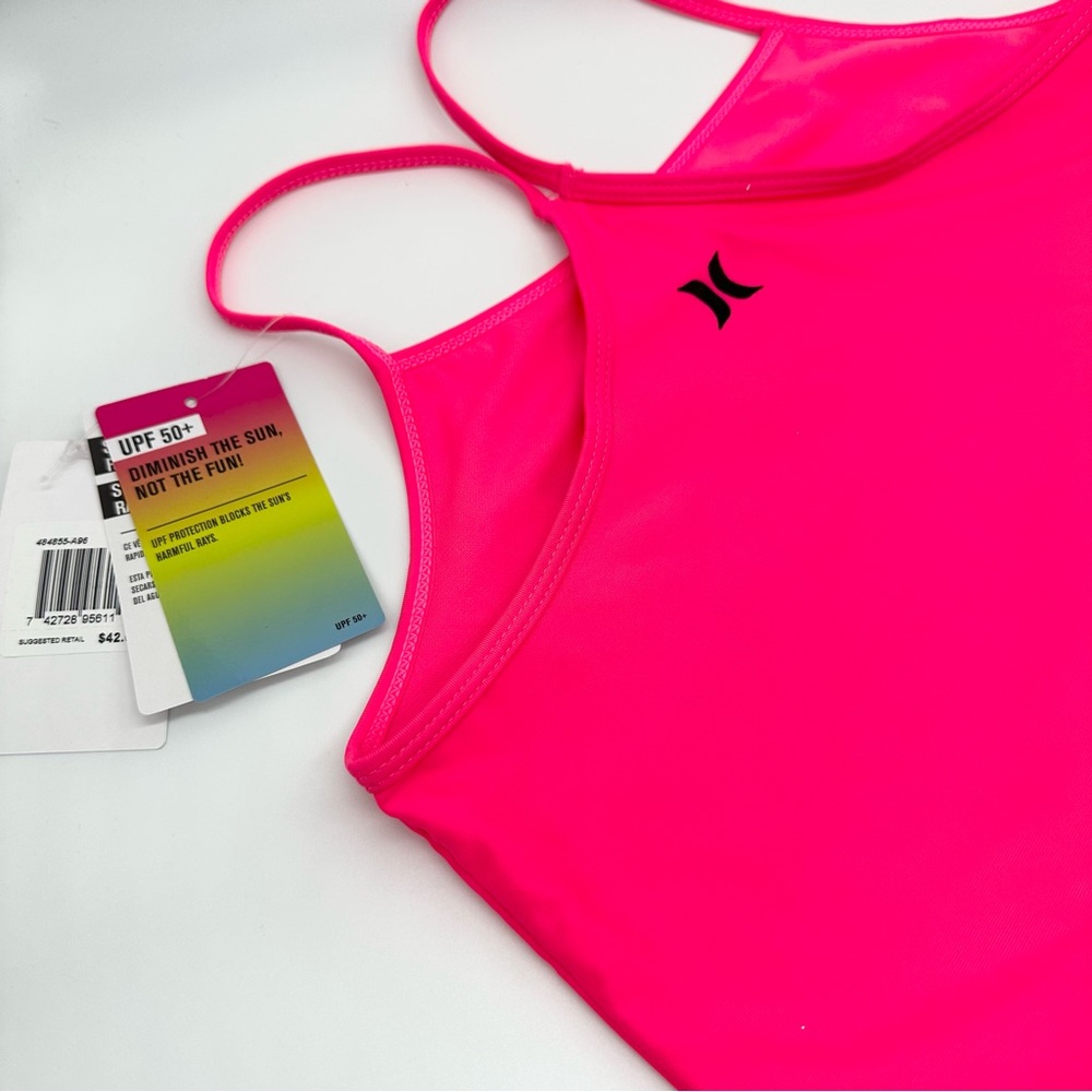 Hurley Big Girl's L 12/14 Bright Neon Pink Swimsuit 1 Pc Halter Tank Swim Beach - Picture 3 of 6